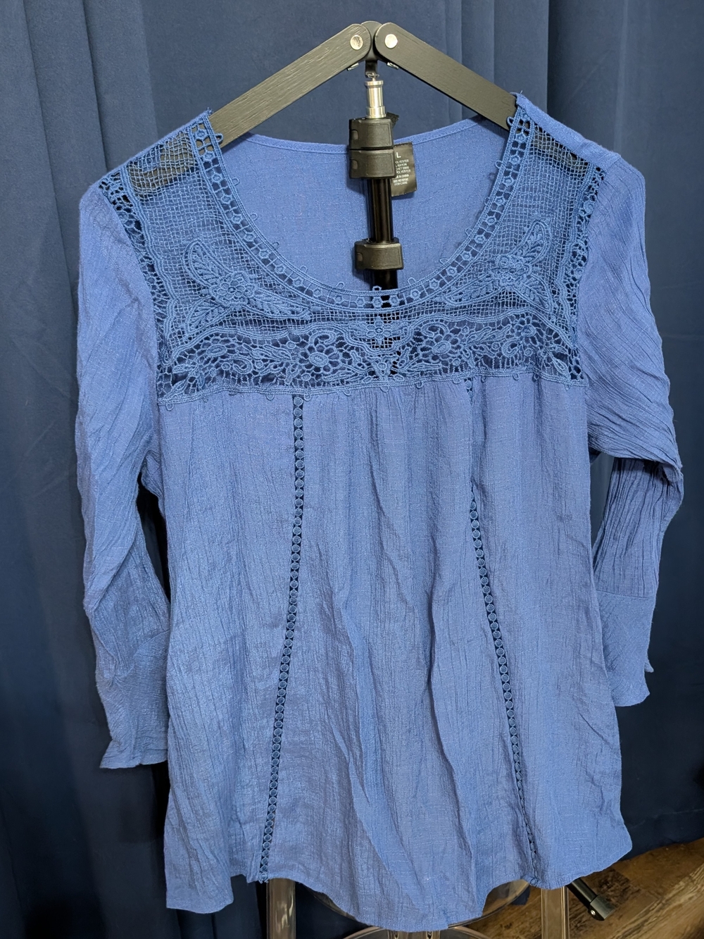 New Directions Blue Crochet Yoke Blouse Peasant Top